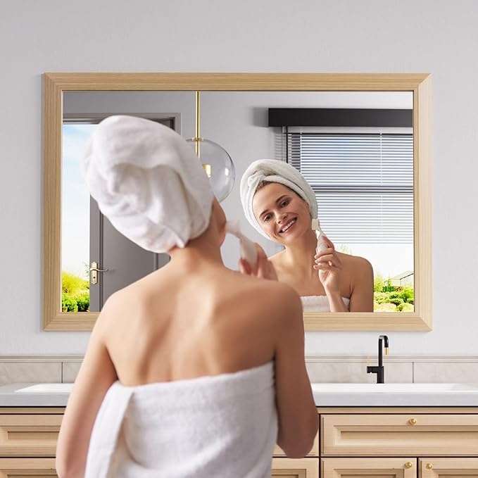 Amorho Bathroom Mirror for Wall, 48X32 Inch Oak Wood Grain Metal Framed Mirror, Anti-Rust, Hang Horizontally/Vertically, Suitable for Vanity, Bedroom, Farmhouse, Bathroom