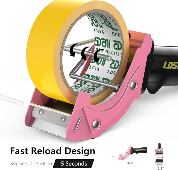 2 Pcs Rapid-Replace Packing Tape Dispenser Guns with Extra Blade, 2IN(50mm) Lightweight Ergonomic Industrial Handheld Heavy Duty Tape Cutter for Carton, Packaging and Box Sealing Pink