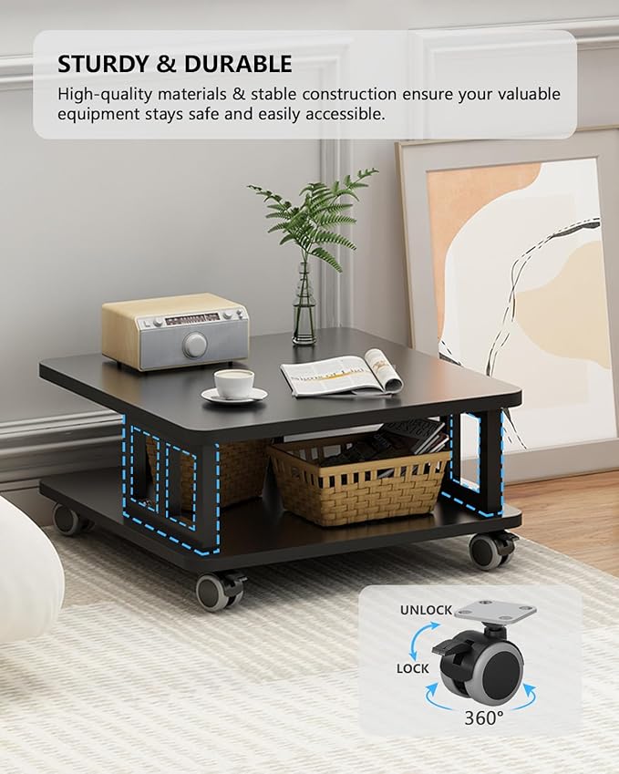 Mobile Printer Stand, 2-Tier Large Printer Shelf for Laser 3D Printer Office Machine with Storage, 23.6"x23.6" Wood Printer Cart Under Desk Rack with Wheels for Office Home Kitchen (Black)