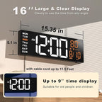 JALL 16" Large Digital Wall Mount Clock, Count Down Timer, Alarm, Big LED, RGB Color, DST, Temperature for Living Room Classroom Desk, Xmas, Birthday Gift for Senior Mom Dad (White Orange, 16 inches)
