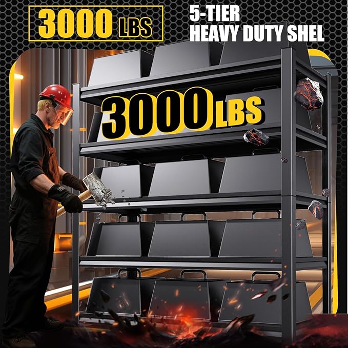 3000LBS Garage Shelving Heavy Duty, 5-Tier Metal Shelving Unit, Adjustable Garage Storage Shelves, Easy Assembly Steel Shelving, Utility Storage Rack Shelf for Warehouse, 72”H*59”W*19.7”D