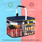 LIQING 35L Large Picnic Basket 2 Layers of Internal Pockets Leak-Proof and Insulated ，Folding with Internal Support for enhansed Stability, Wedding Gifts for Couple(Navy Blue)