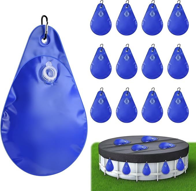 12 Pack Pool Cover Weights with Hooks, Thick PVC Leakproof Swimming Pool Cover Hanging Bags, Antifreezing Winter Tarp Weights Bag for Above Ground Pool Cover
