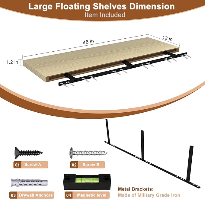 12 Inch Deep Floating Shelves for Wall 3 Pack Floating Shelfs Large Storage Space Wall Decor Display Shelf for Bathroom Living Room Bedroom Kitchen 48" W x 12" D x 1.2" H Natural Wood