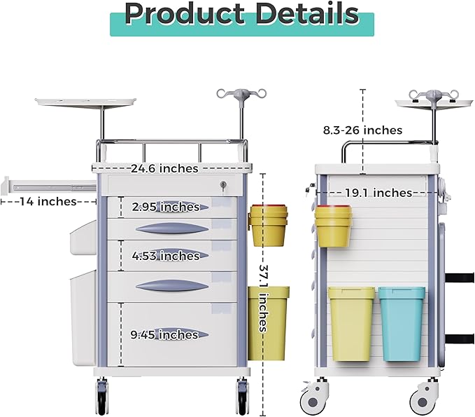Rolling Emergency Medical Storage Crash Cart with Drawers -CPR Board, IV Pole, Silent Casters, Trash Bin, O2 Holder, Drawer with Dividers, File Box, Nursing Cart for Clinic, Hospital, Salon