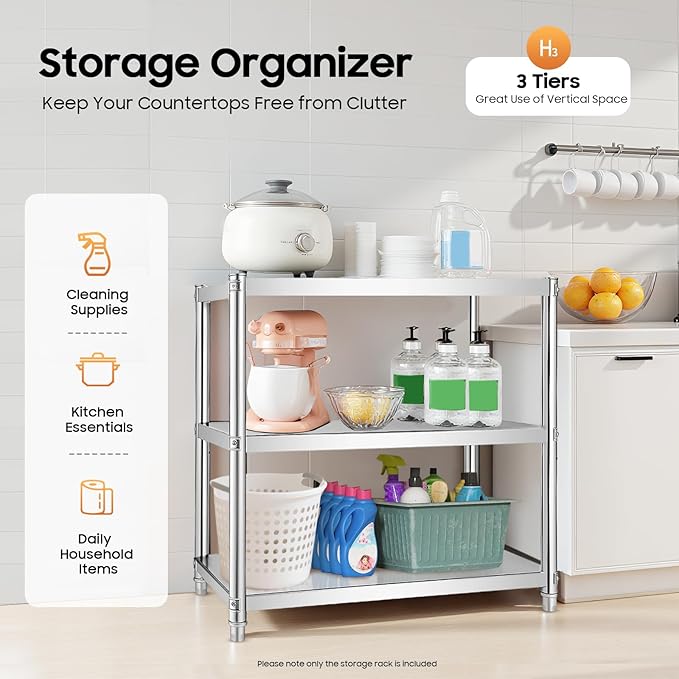 3 Tier Stainless Steel Shelves Heavy Duty Storage Rack Adjustable Kitchen Shelving Organizer with Strong Load Bearing for Garage Bathroom Office and Industrial Use