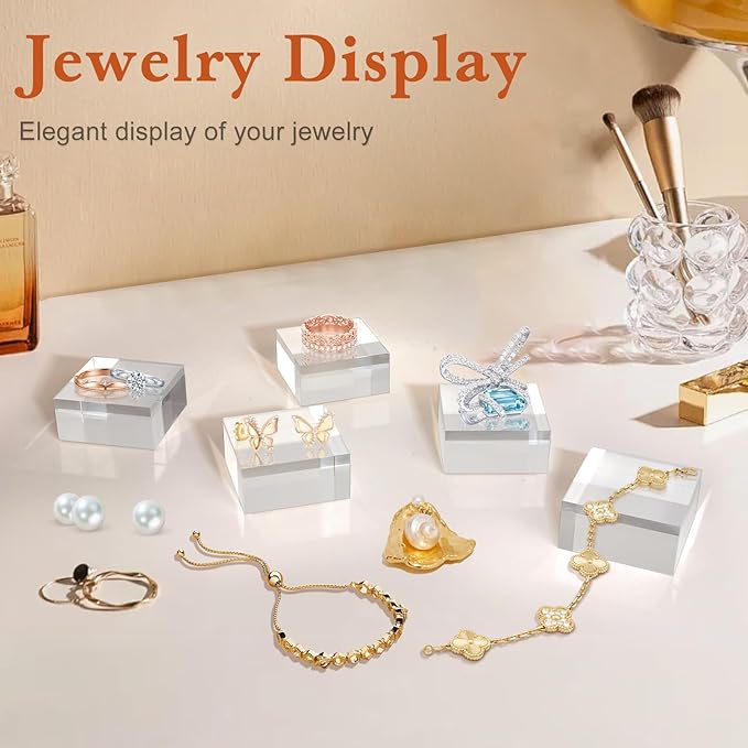 Acrylic Base 4 Pieces Acrylic Blocks for Display 2 X 2 X 1 Inch Square Riser Display Stands Trophy Base Pedestal Stands Clear Cube for Trophy Jewelry Props Food Party Crafts
