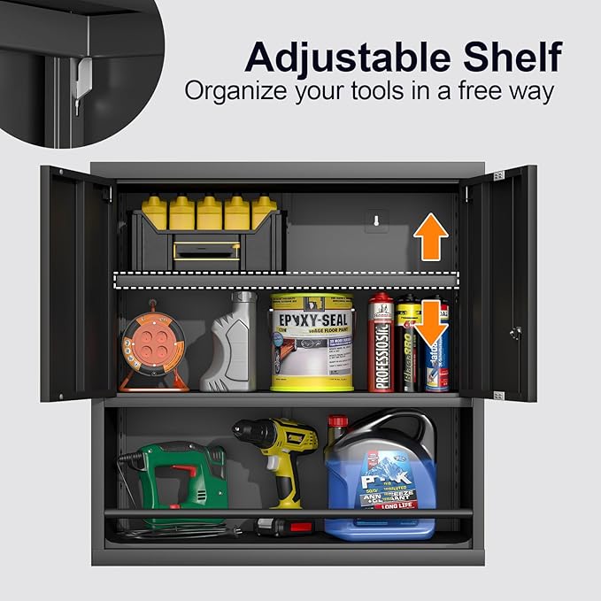 GREATMEET 31" H Metal Garage Storage Cabinets with Doors and Shelves, Lockable Storage Cabinet with Lock, Black Hanging Cabinets for Wall, Wall Mount Cabinet for Utility Room