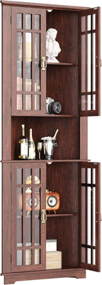 IRONCK Corner Cabinet, 71" H Tall Corner Storage Cabinet with 4 Glass Doors and 5 Shelves, Home Space Saver for Bathroom, Living Room, Mid Century Design, Red Walnut