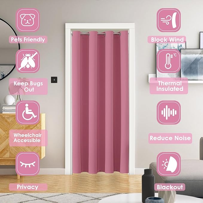 ChrisDowa Blackout Door Curtains for Doorway Privacy, Grommet Closet Curtains for Bedroom Closet Door, Thermal Insulated Temporary Doorway Cover Room Divider Drapes (1 Panel, Pink, 42 x 80 Inch)