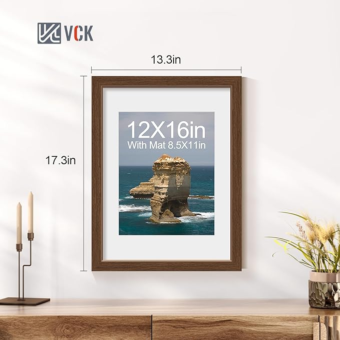 VCK 12x16 Picture Frame 2 Pack - Brown, High-End Wood Poster Frames with Tempered Glass, Display 8.5x11 Photo with Mat or 12x16 without Mat, Art Gallery-Quality, Wall Hanging, Brown