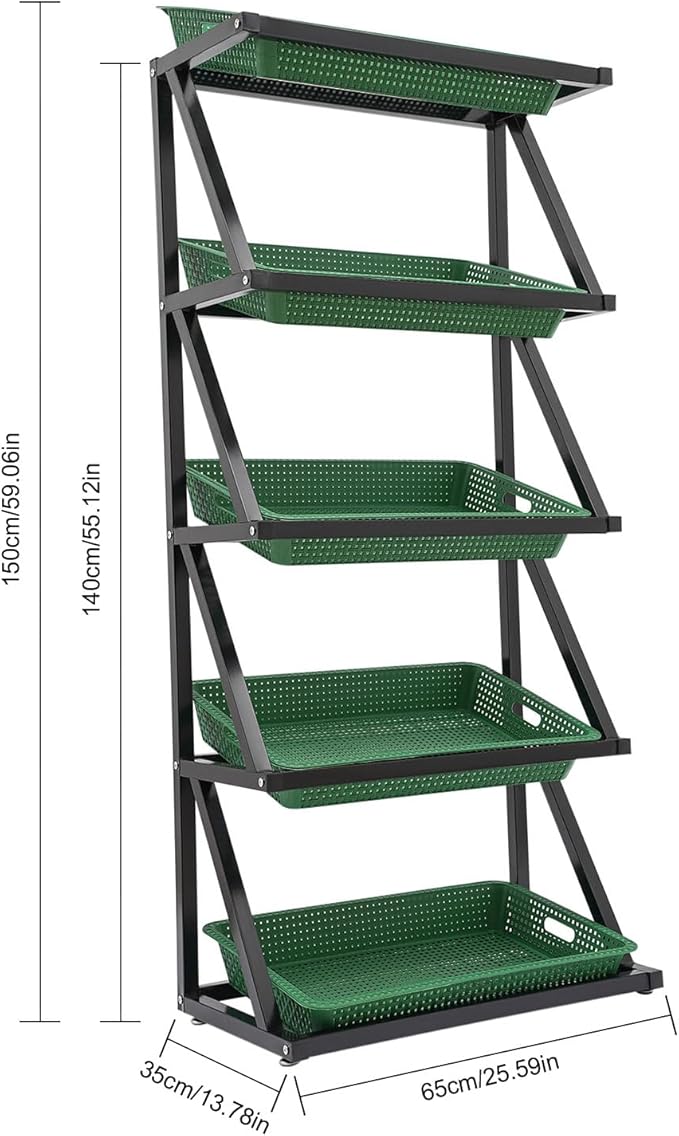 5 Tiers Retail Display Rack, Single Row Commercial Market Shelf Fruit and Vegetable Basket Stand Rack Set Snack Pantry Shelf Unit for Kitchen, Office, Store