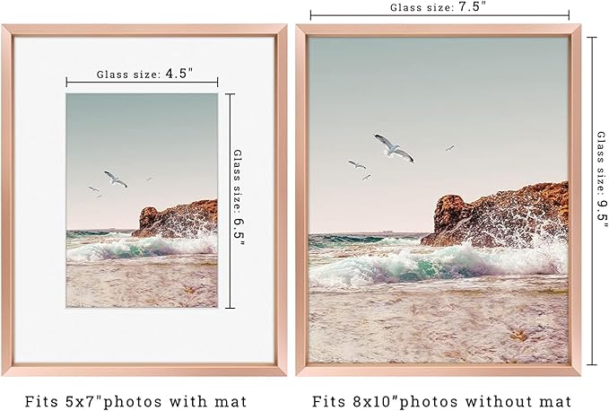Frametory, 8x10 Metal Picture Frame with Mat for 5x7 Picture & Real Glass, Aluminum Photo Frame Collection (Rose Gold, 1 Pack)