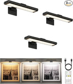 EZVALO Picture Light for Wall, Rechargeable 2400mAh Battery Lights Wireless Remote, 3 Color & Dimmable Magnetic 8'' LED Lights Display for Painting, Living Room, Gallery, Bedroom, Dashboard(Black-3P)