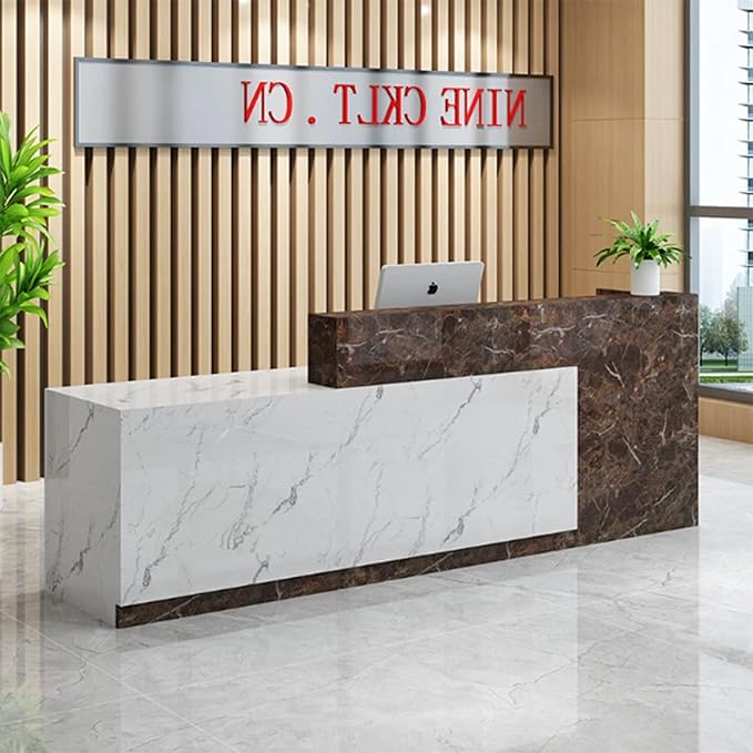 PLMOKN Wood Reception Desk Marble Stone with Checkout Retail Counter L Shaped Modern Mostrador para Negocio Office Desk Closed Front with Storage Drawers for Barber,Salon,Clothing Store