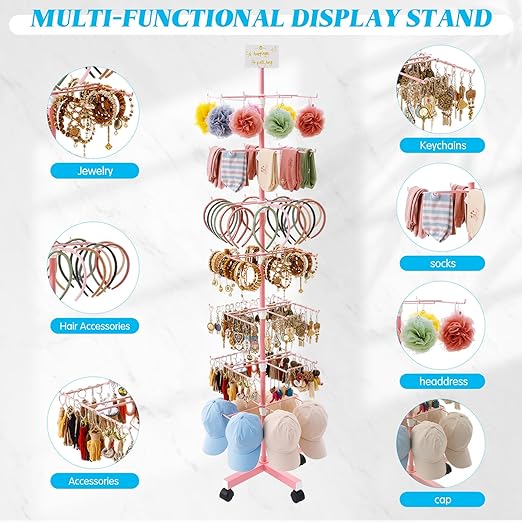 Ripeng 2 Pcs 7‑Tier Retail Display Stand – Rotating Display Rack with Wheels for Jewelry Keychains Socks Hats – Adjustable Movable Shop Spinner for Craft Shows Vendor Events & Stores Accessories, Pink