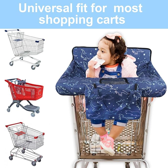 Shopping Cart Cover for Baby 2-in-1 High Chair Cover with Safety Harness Multifunctional Dark Blue Dinosaur Pattern Cart Covers for Babies Soft Padded Grocery Cart Cover for Baby Boy Girl
