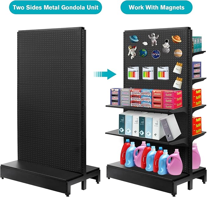 Pegboard Display Stand, Gondola Shelf Display for Convenient Grocery Office Supply or Liquor Stores, Standing Pegboard Display Two Sides Peg Board Panels, 20 Hooks, No Including 8 Shelves