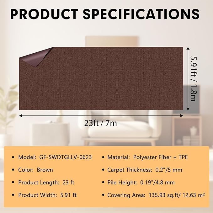 Marine Carpet,6 FT x 23 FT Brown Indoor Outdoor Carpet 0.2" Thick Boat Carpet with Water-Proof TPE Backing, Non-Slide Outdoor Marine Carpet Roll for Home, Patio, Porch, Deck