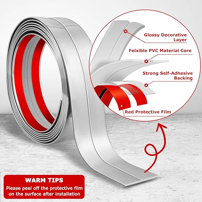 Flexible Wall Corner Protector Moulding Trim Peel and Stick Wall Corner Guards Edge Protector Self Adhesive Molding Trim Strip for Edge Ceiling (Silver, 0.8 in x 10 Ft)