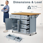 52" Retro Kitchen Island with Storage, Embossed Texture Kitchen Island on Wheels with Drop Leaf, Adjustable Shelf & Oak Veneer Tabletop, Spice/Towel Rack, Blue