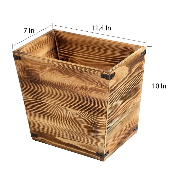 VERGOODR Grey Farmhouse Style Torched Wood Trash Can Waste Bin with Decorative Metal Brackets Trash Can for Bedroom,Living Room, Bathroom & Office (Brown)