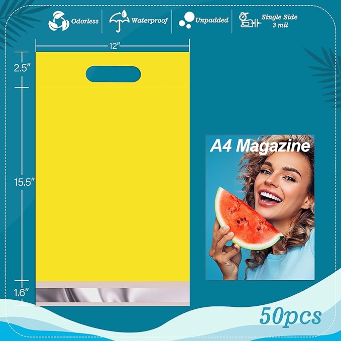 JinRuiKJ Poly Mailers with Handle 12x15.5 Inch 50 Pcs, Easy to Carry Packaging Bags for Small Business, Thank You Shipping Bags with Self Adhesive Strip, Tearproof and Waterproof - Yellow