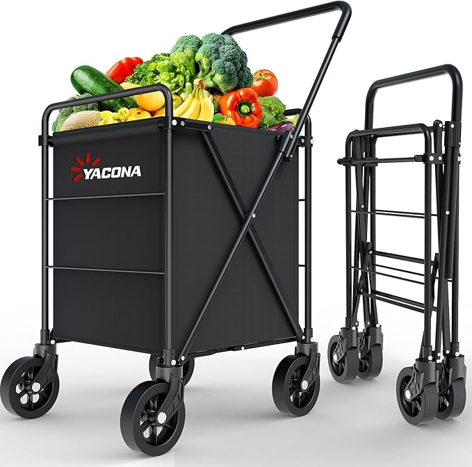 Folding Shopping Cart for Groceries, Grocery Cart on Wheels, 360°Rolling Swivel Wheels Portable Heavy Duty Utility Cart for Shopping, Grocery, Laundry (X-Large)
