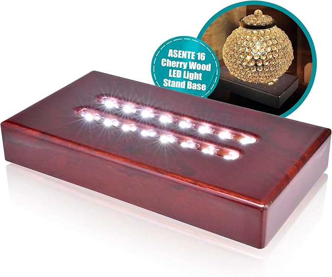 16 LED Light Base for Glass Art - Illuminated Rectangle Display Pedestal - Lighted Stand For 3D Crystal and Glass Sculptures - Adapter Plug Powered - 6.50 Inch Lighted Mirror Box (Cherry Wood)