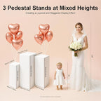 3Pcs Square Pedestal Stands for Parties, White Metal Display Plinth Pillars, for Birthday Wedding Bridal Baby Shower Party Decorations, 27.5, 35.5, 39 Inches Tall