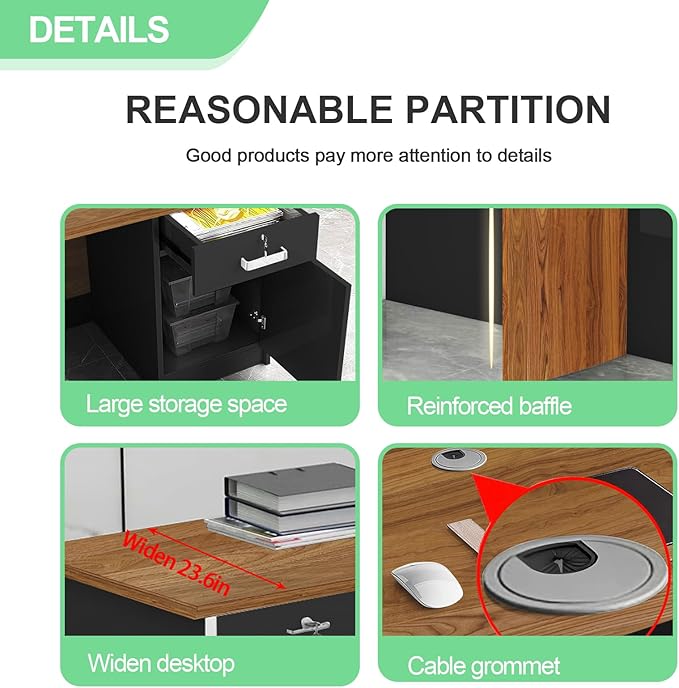 L Shaped Reception Desk with Lockable Drawer and Cable Grommets Front Desk Retail Checkout Counter Table for Salon Lobby Shop Office Reception Room Wood and Black Right 71inch/180cm