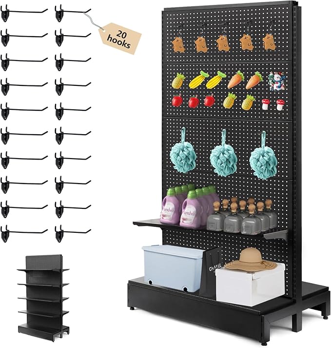 Pegboard Display Stand, Gondola Shelf Display for Convenient Grocery Office Supply or Liquor Stores, Standing Pegboard Display Two Sides Peg Board Panels, 20 Hooks, No Including 8 Shelves