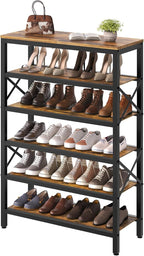 6-Tier Tall Shoe Rack Organizer, Wooden Shoe Storage for Closet Holds 24 Pairs, Sturdy Shoe Shelf with X-Shaped Metal Support, for Entryway, Bedroom, Rustic Brown and Black SS206BR