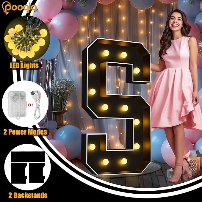 Pooqla 4 FT Marquee Light Up Letters, Black Letter Lights 4 Feet Tall, Giant Sign Big Mosaic for Balloons Birthday Party Anniversary Wedding Decorations, Warm White S