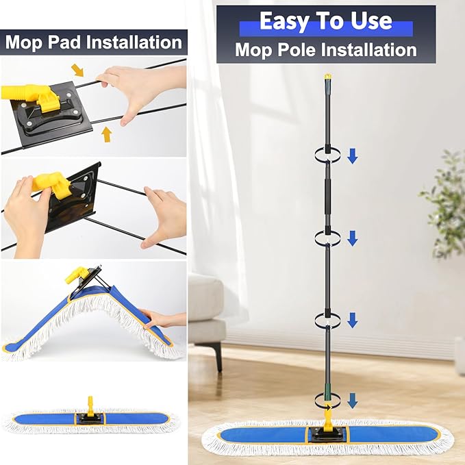 CLDREAM 24" Commercial Dust Mop for Floor Cleaning with 2 Replacement Mop Head, Large Industrial Push Broom Mops with 60" Long Handle,Wet Dry Floor Duster for Concrete Hardwood Tiles Marble Floors