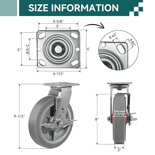 8'' × 2'' Caster Wheel, Heavy Duty Industrial Caster, Rubber Wheels with Roller Bearing, Load 1000lbs per Swivel Casters for Cart Dolly Toolbox Trolley (1 Brake)