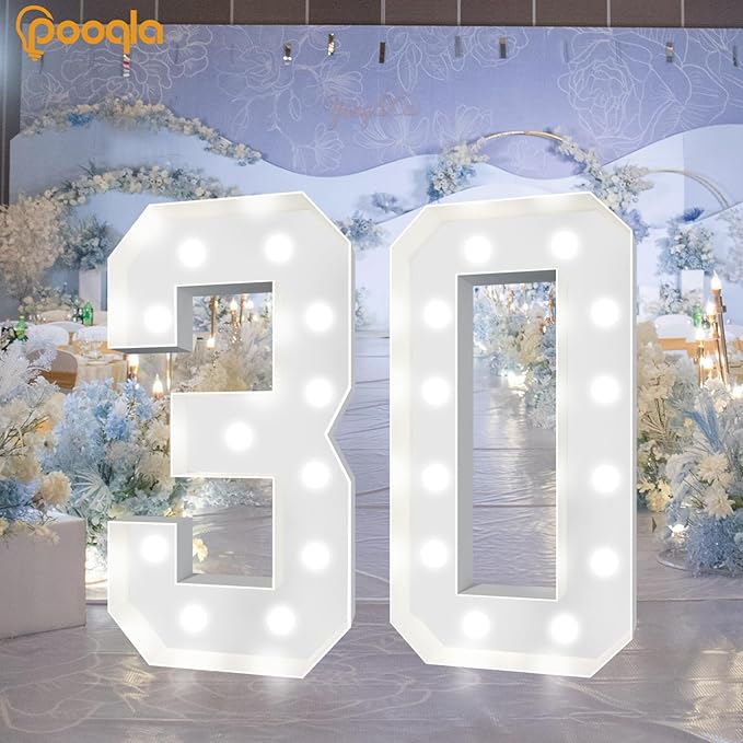 Pooqla 4 FT Light Up Marquee Numbers, Giant Mosaic Light Up Numbers Cool White and Warm White LED, Large Lighted Marquee Numbers for Balloons 4th 14th 40th Birthday Party Decoration, LED Number 4
