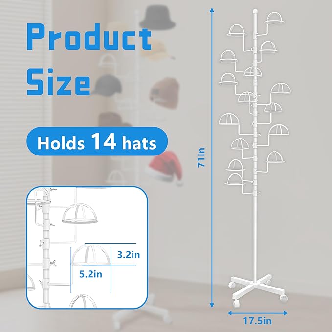 Montex Freestanding Hat Rack Stand, Metal Hat Organizer Rack with 15 Customisable Circular Hooks, Hats Tree Stand Floor Standing Hat Display, White