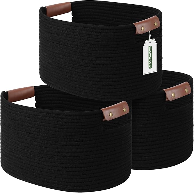 Cotton Rope Basket, Storage Baskets with Handle, 15x10x9 Inch Woven Basket for Shelves, Laundry, Towels, Clothes, Books, (Black 3Pack)