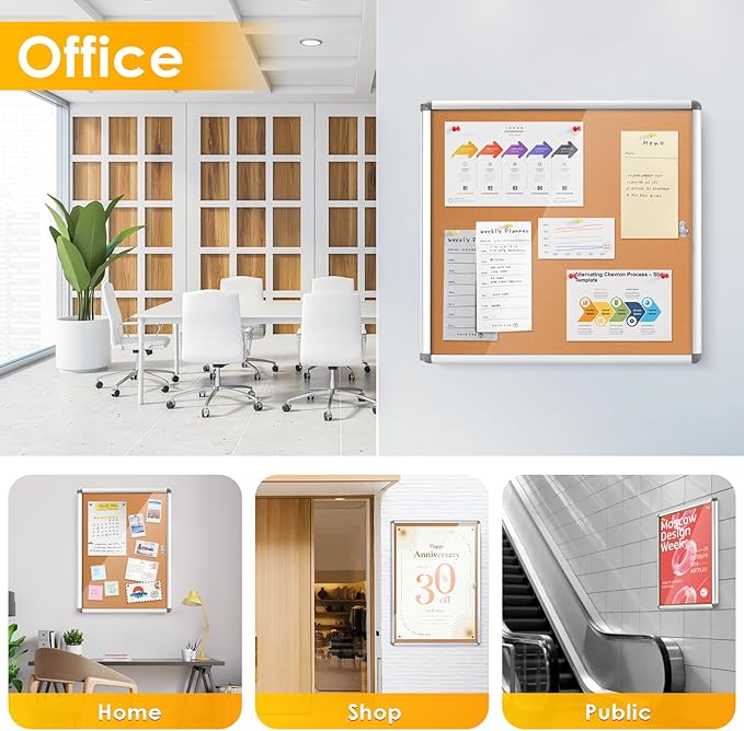 SWANCROWN Enclosed Bulletin Cork Board 36x24 in, Lockable Bulletin Board Tamperproof Wall Display Case for Office School Trade Community, Aluminum Frame