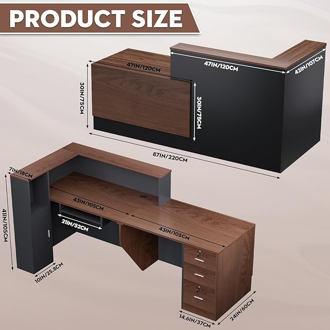 L-Shaped Modern Reception Desk with Counter & Storage - 84" Large Office Front Desk, Salon Checkout Counter with Lockable Cabinets, Shelves (Brown & Black, Right - 84''L x 34''W x 41''H)