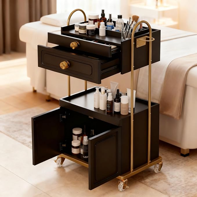 Salon Trolley Cart with Lockable Wheels, Salon Station Cabinet with Drawer & Cabinet for Hair Stylist Makeup Tool Organizer for Beauty Spa Barbershop (Black&Gold)