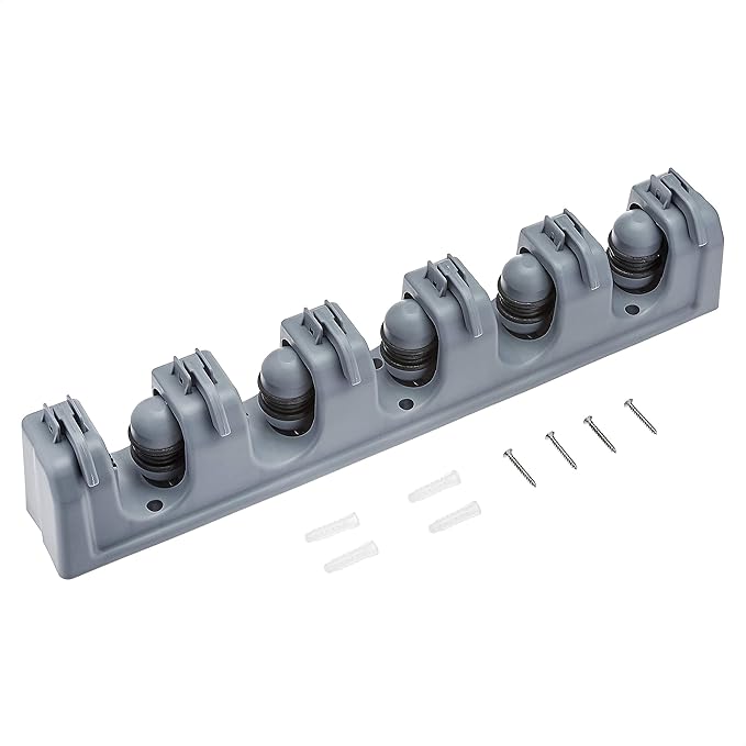 Amazon Basics Rectangular Heavy Duty, Wall Mount Storage Broom, Mop Holder or Tool Organizer with Hooks and Slots for Home, Garage, Garden, Laundry, or Kitchen, 2.36 x 16.9 x 3.35 in, Gray