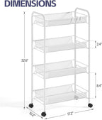 4-Tier Metal Utility Cart, Mesh Wire Rolling Cart on Wheel, Storage Trolley with Easy Assembly, Organizer Craft Cart 3 Hooks, Mobile Shelving Unit for Bathroom, Laundry Room, Home