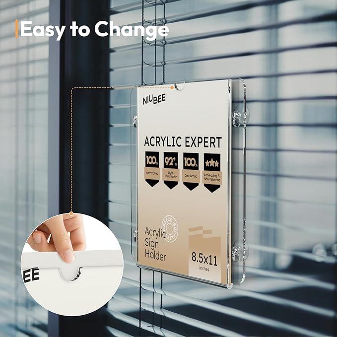 NIUBEE Acrylic Window Sign Holder with Suction Cups 8.5 X 11, Clear Acrylic Frames Glass Door Mount, Displaying Flyers, Notices and Menus, for Office, Store, Home, Restaurant (2 Pack)