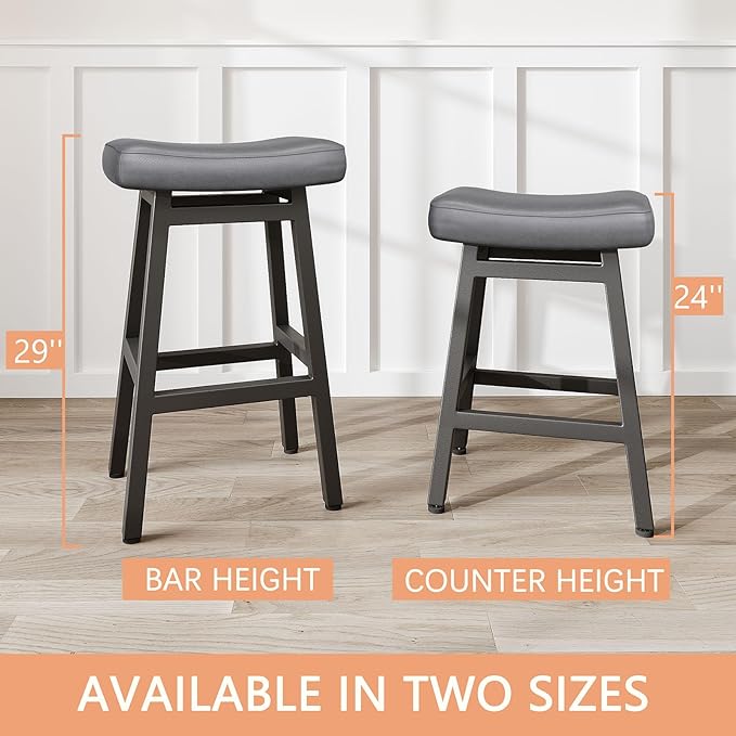 29 Inches Bar Stools Set of 2, Bar Height Barstools for Home Counter, Blackless Barstool with Bonded Leather Saddle Seats & Heavy Duty Metal Legs, Easy Assembly, Gray/Black