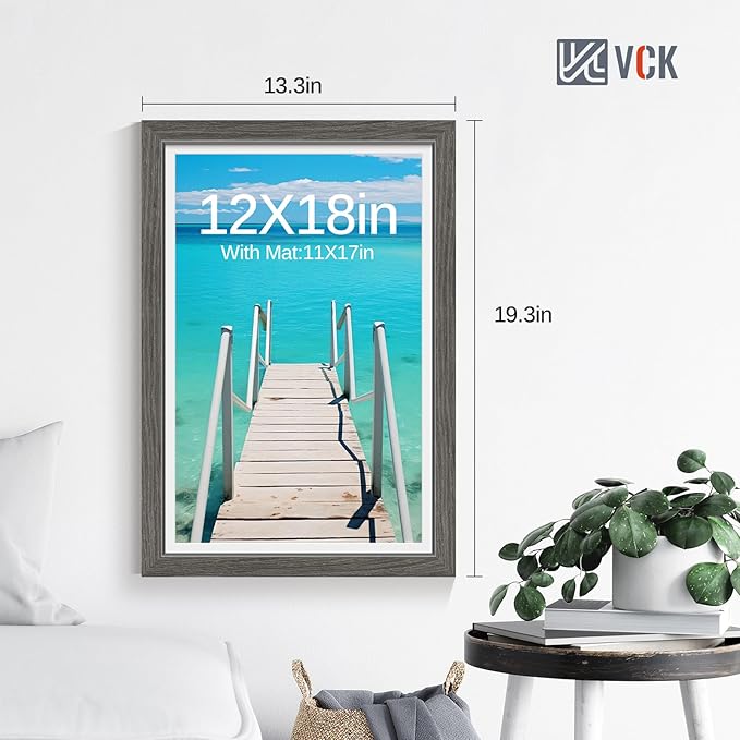VCK 12x18 Picture Frame 2 Pack - Grey, High-End Wood Poster Frames with Tempered Glass, Display 11x17 Photo with Mat or 12x18 without Mat, Art Gallery-Quality, Wall Hanging, Grey