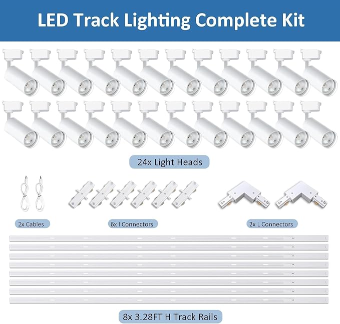 Super Brightness 6000K Cool Light Dimmable Brightness 25W 2000lm H Type LED Track Lighting Kit System with 26 FT Track Rails, Ceiling Spotlight Fixture with Installation Package