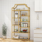 Loomie 8-Open Shelf Bookshelf, 70.87" H x 31.5" L Lux Etagere, Tempered Glass Bookcase, Tall Storage Display Modern Open Book Case for Bedroom, Home Office & Living Room, Gold Finish & Glass Shelving