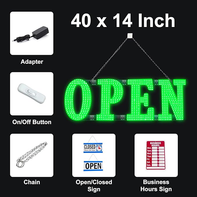 41"x15" Large LED Open Signs for Business Super Bright Unique Design Open Sign with Hanging Installation for Window Stores Bar Hotel Retail Shops Salon Restaurant Office Green